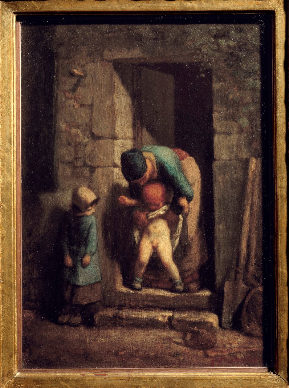 Anyai elővigyázatosság. Egy anya az ajtó előtt vizelteti fiát. Jean Francois Millet (1814-1875) festménye alkotó: Jean Francois Millet