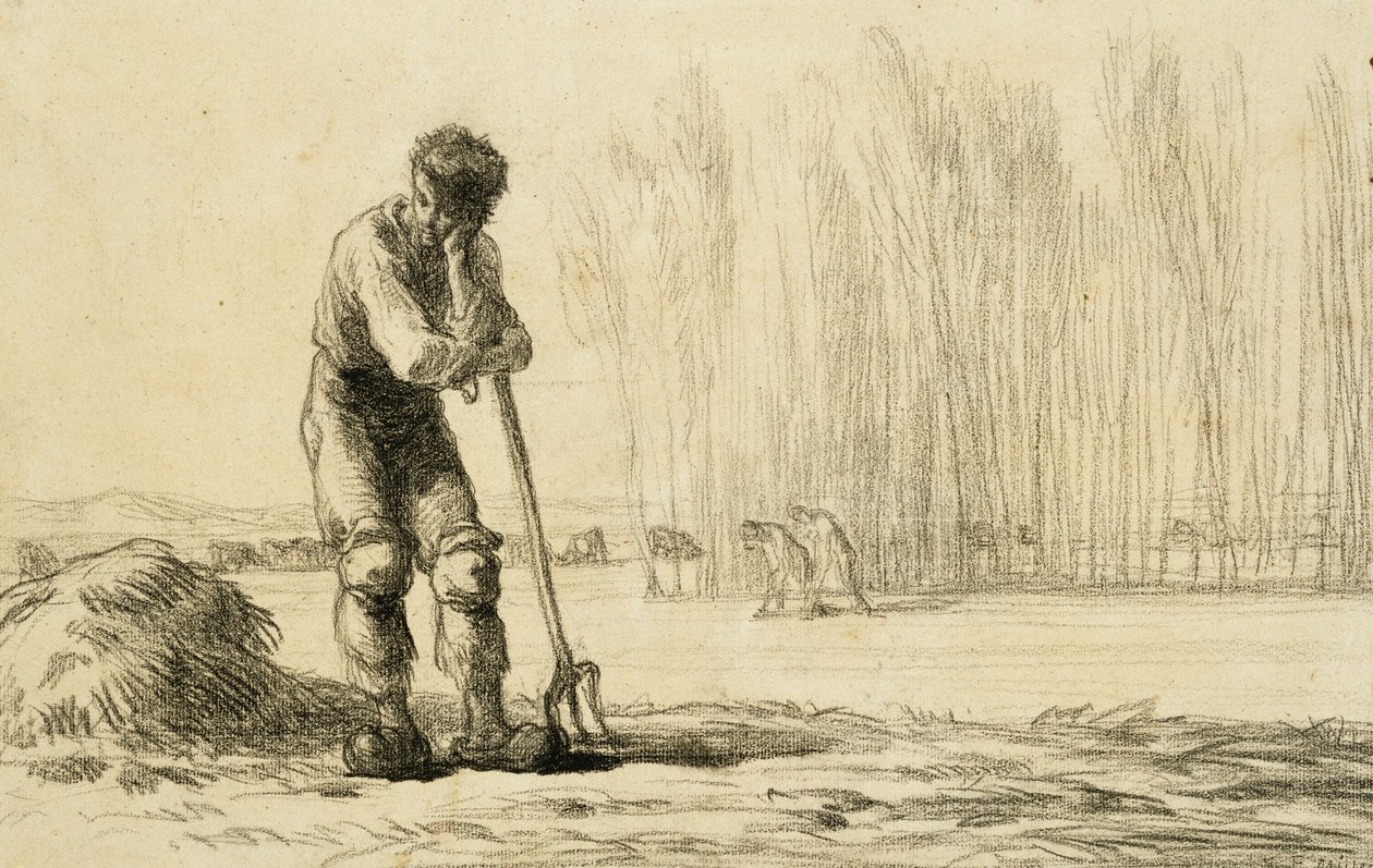 Vasvillára támaszkodó paraszt, alkotó: Jean Francois Millet