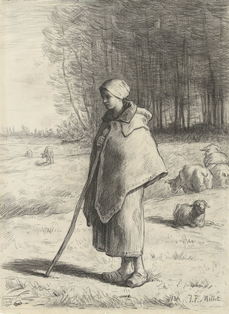 Pásztorlány botra támaszkodva alkotó: Jean Francois Millet