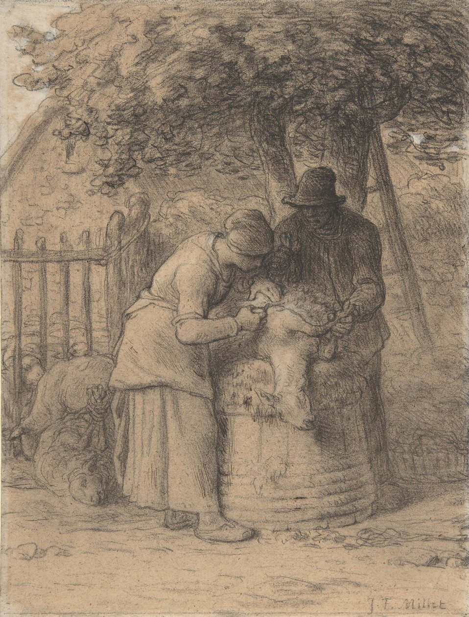 Birkanyírás a fa alatt, kb. 1854. alkotó: Jean Francois Millet