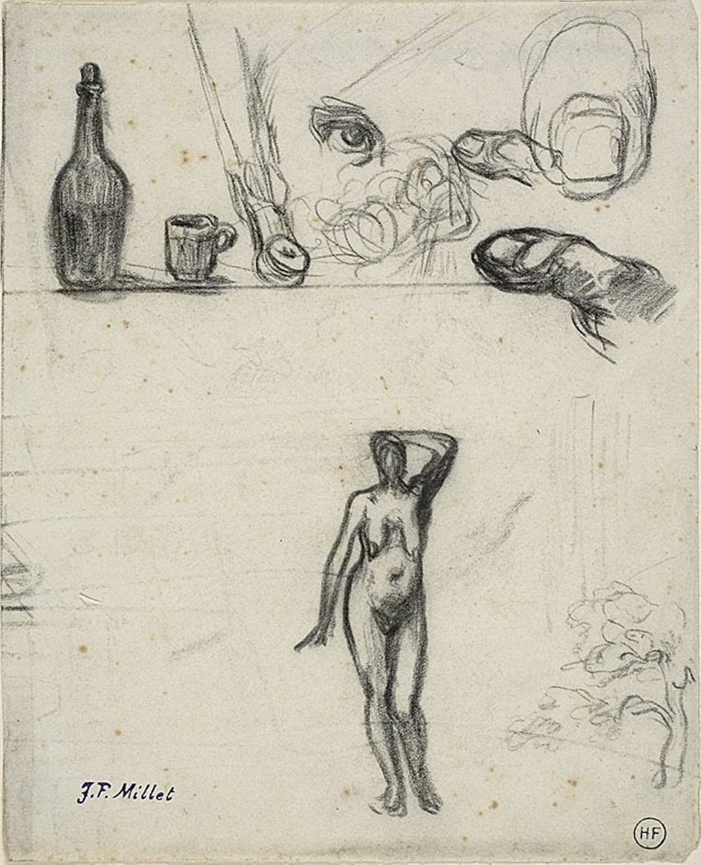 Vázlatlap: álló női akt, fa, csendélet, ujjak és szem alkotó: Jean Francois Millet