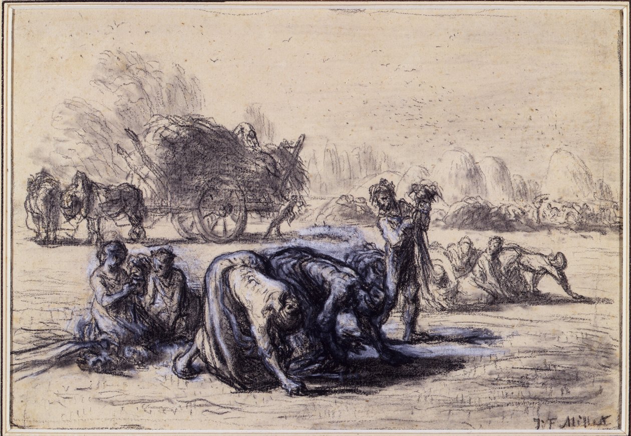 Augusztus hónapja: Gleaners, 1851-52 körül (fekete-fehér pasztell papíron) alkotó: Jean Francois Millet