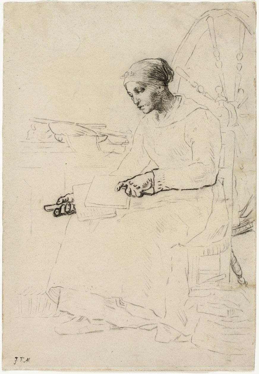 A gyapjúkártyás (recto); Töredékes vázlat a kerítés mellett álló emberről (verso) alkotó: Jean Francois Millet