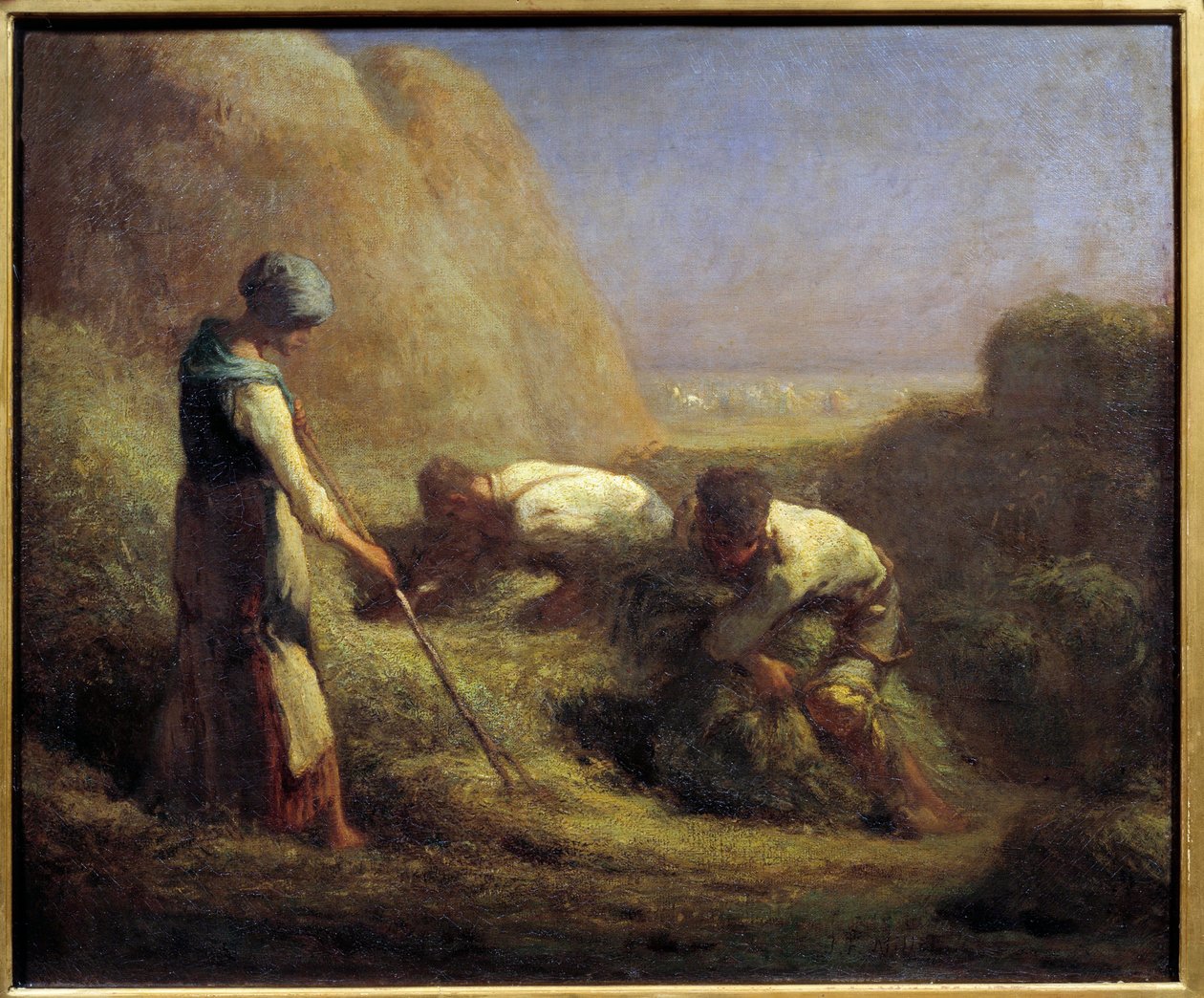 A szénahajósok. A parasztok a most lekaszált szénával pótolják a csizmát. Jean Francois Millet (1814-1875) festménye 19. század V. 0,54x0,65 m alkotó: Jean Francois Millet