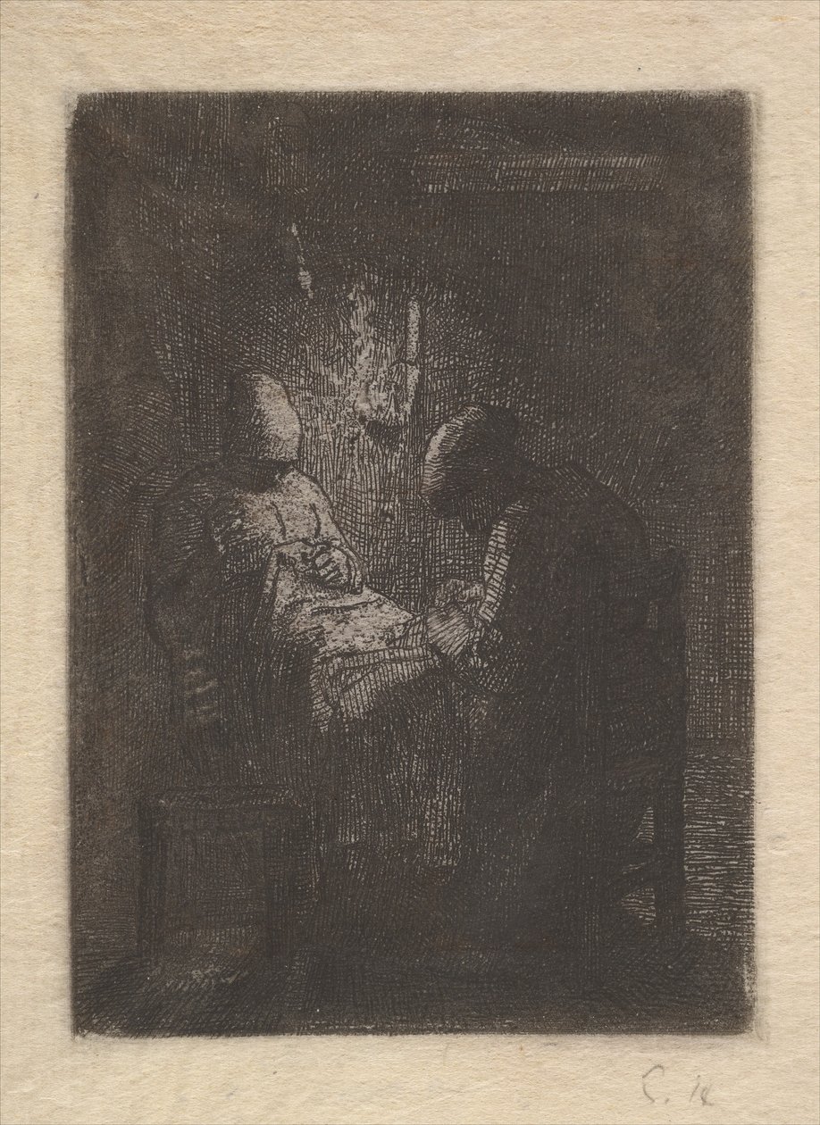 Két nő varrás lámpafénynél, kb. 1853. alkotó: Jean Francois Millet