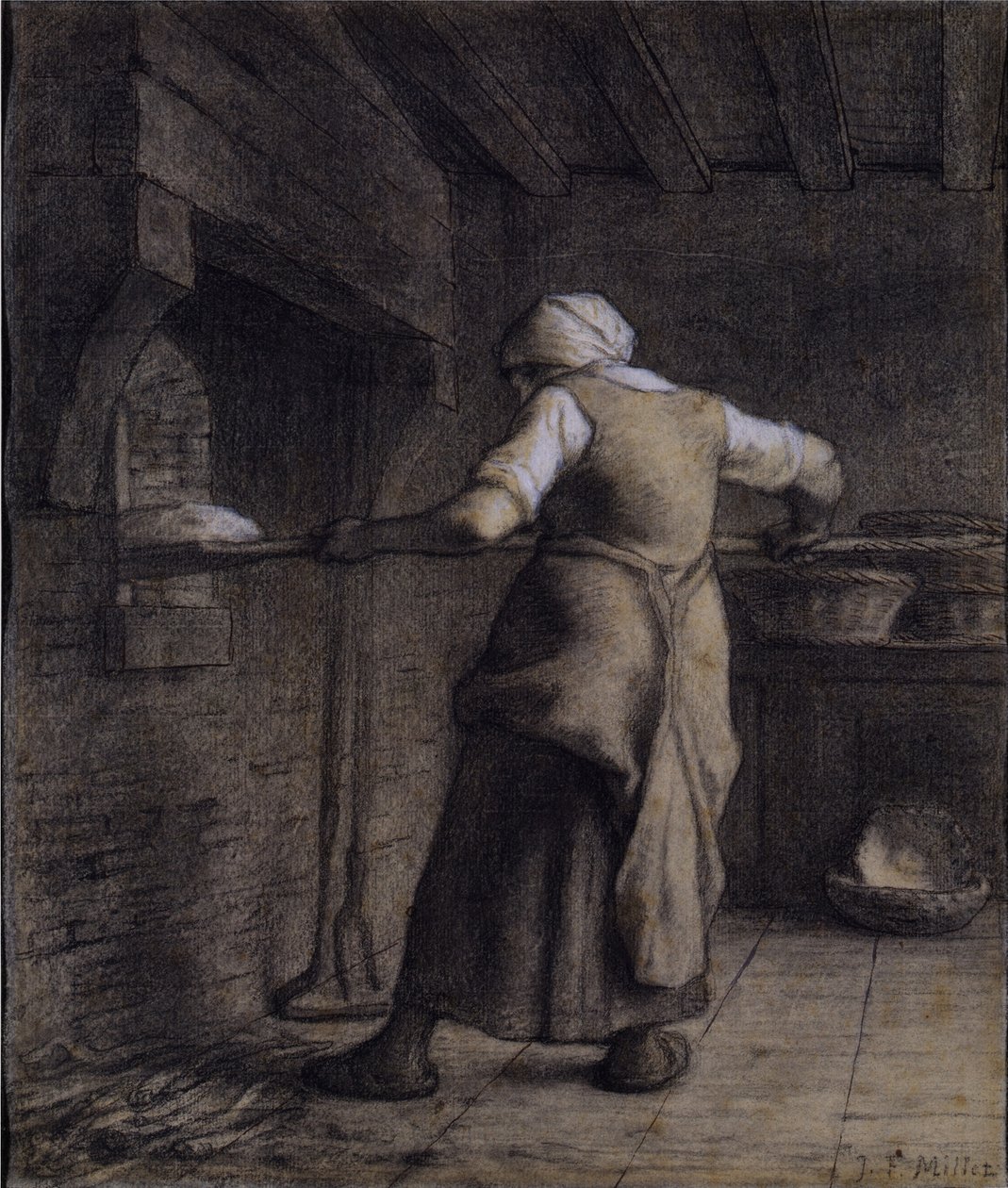 Nő kenyeret süt (fekete, fehér és barna kréta papíron) alkotó: Jean Francois Millet