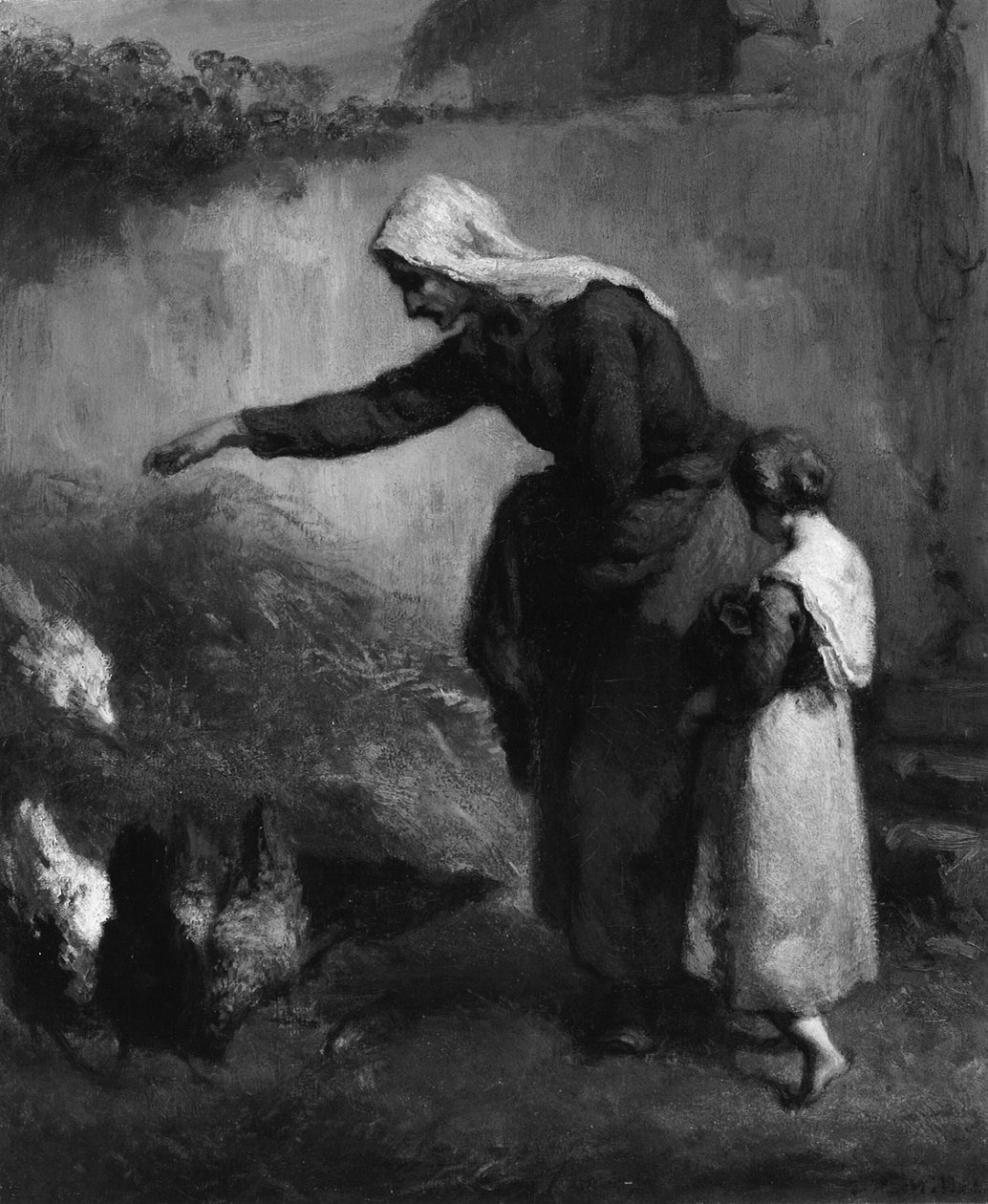 Csirkét etető nő alkotó: Jean Francois Millet