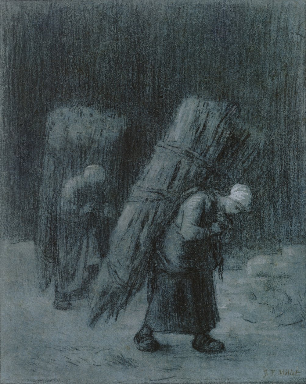 Nők, akik gallyakat cipelnek, 1858 körül (szén, fehér gouache-szal kiemelve, szénszegéllyel, nehéz, szürkéskék papíron) alkotó: Jean Francois Millet