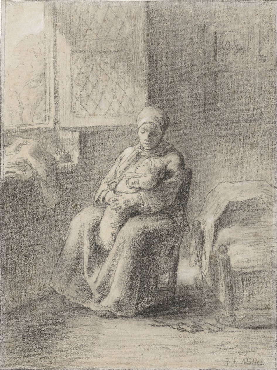Nő ül a babával egy nyitott ablak mellett alkotó: Jean Francois Millet