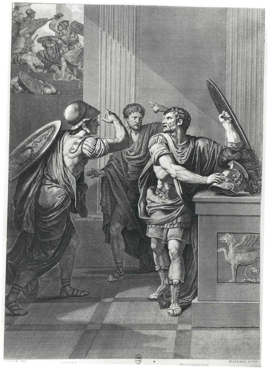 Arcan and Mithridate, illusztráció Jean Racine (1639-99) „Mithridate” című művéből, Massard metszete alkotó: Jean François Pierre Peyron