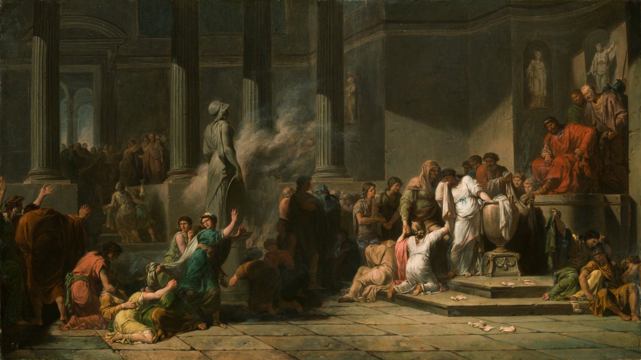 Athéni lányok sorsot húznak, hogy eldöntsék, melyik hetet küldjék Krétára, hogy feláldozzák a Minotaurusznak (olaj, vászon) alkotó: Jean François Pierre Peyron