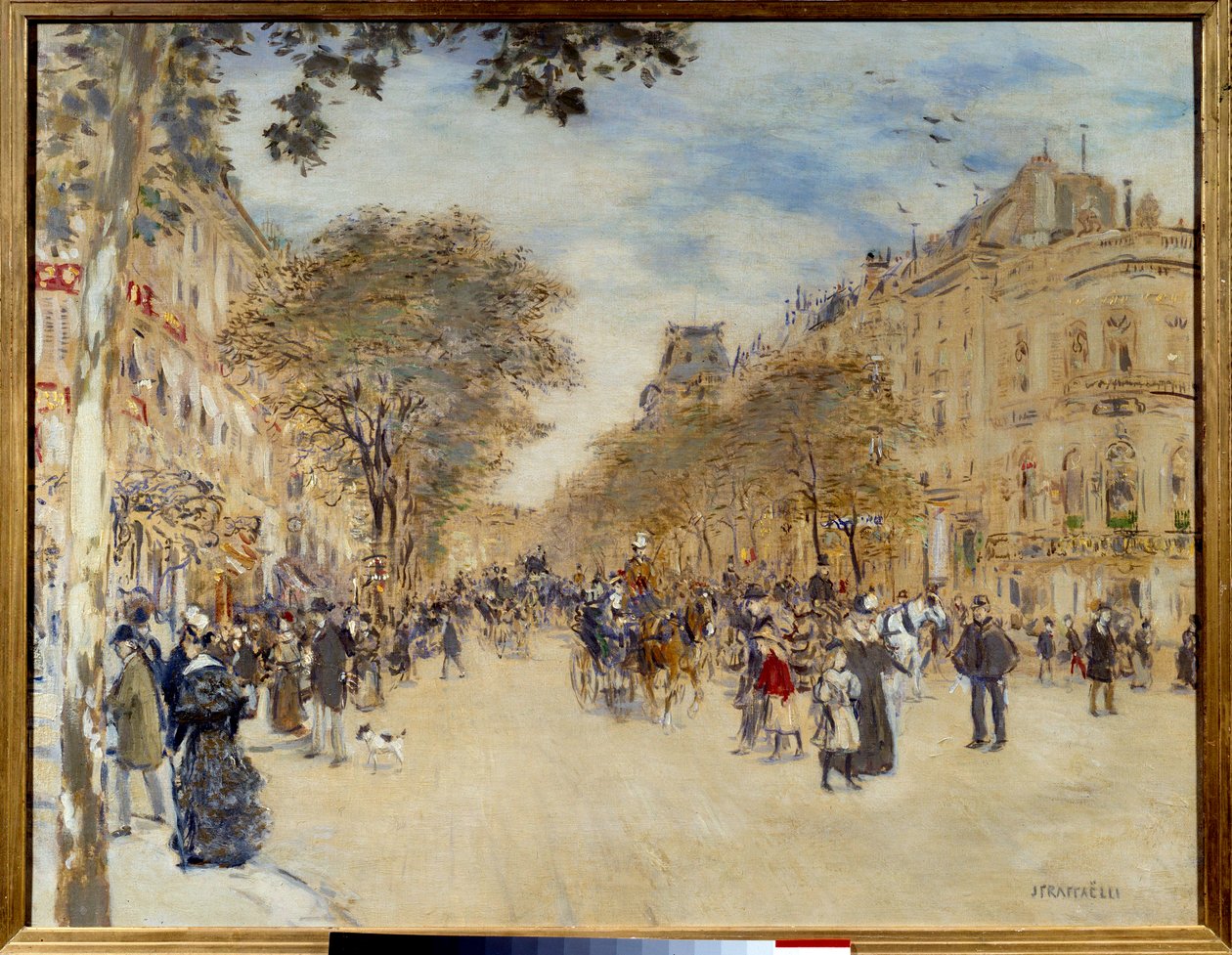 Belle epoque: „” Kilátás a hannoveri pavilonra és a párizsi Boulevard des Italians-ra”” Jean Francois Raffaelli (1850-1924) festménye A 20. század eleje V. 0,66x0,82 m Rouen, Musee des Beaux Arts alkotó: Jean Francois Raffaelli