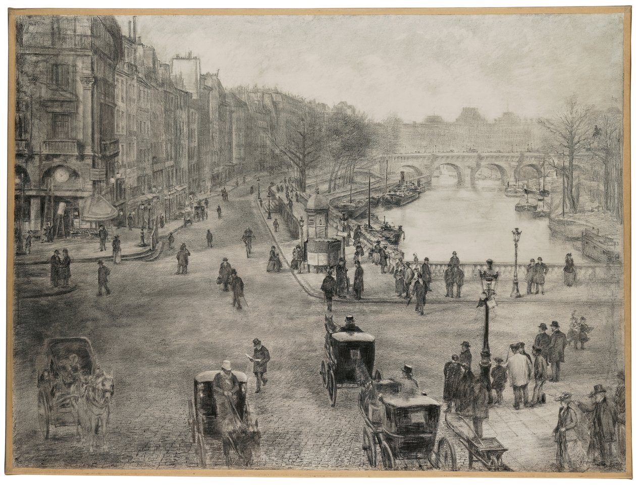 Párizs, Place de Saint Michel a Quai des Grands Augustins-szal és a Pont Saint Michellel az előtérben, valamint a Pont Neuf-pal és a Louvre-val a háttérben, 1900 körül alkotó: Jean Francois Raffaelli