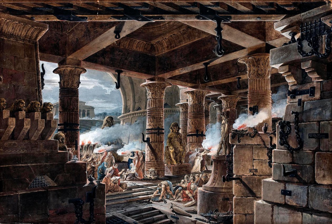 Architectural Fantasy: egy egyiptomi templom belső képe - Architectural Fantasy - egy egyiptomi templom belső képe, Jean Francois Thomas de Thomon alkotó: Jean François Thomas de Thomon