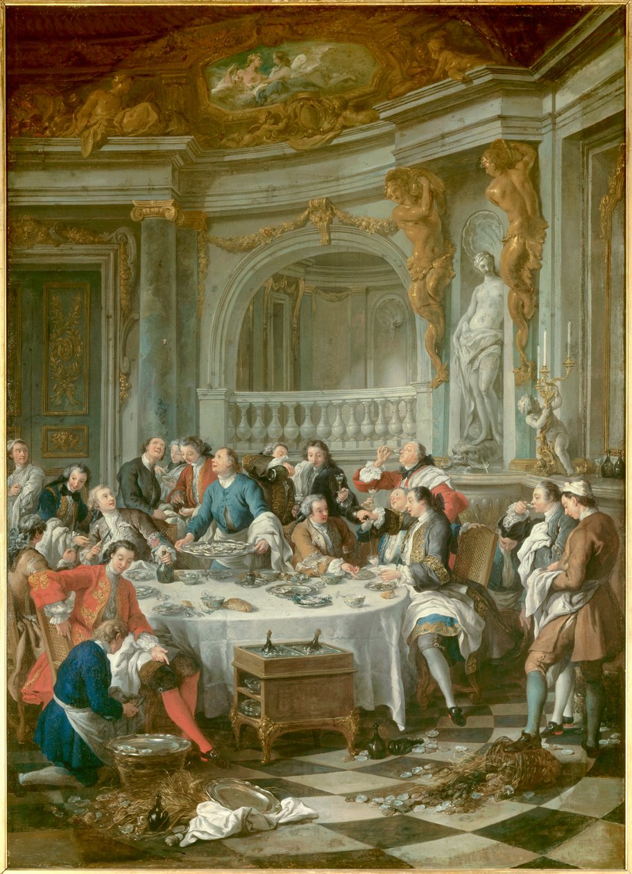 Osztrigareggeli Nemesek csoportja, kizárólag férfiak, akik az osztriga és az alkohol gasztronómiai kicsapongásait élvezik. Jean Francois De Troy (1679-1752) festménye 1735 V. 1,80 x 1,26 m Chantilly, múzeum Conde - Az osztriga ebéd. Egy teljesen hím osztri alkotó: Jean François de Troy