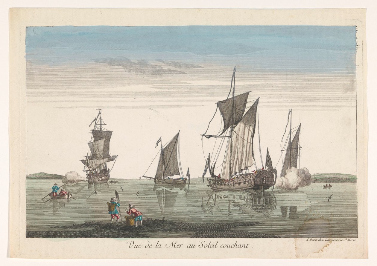 Tengeri táj hajókkal és csónakokkal naplementekor Vue de la mer au soleil couchant (cím a tárgyon) alkotó: Jean François Daumont