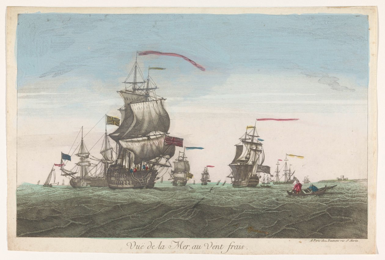 Tengerre néző hajókkal és csónakokkal a szélben Vue de la mer au vent frais (cím a tárgyon) alkotó: Jean François Daumont