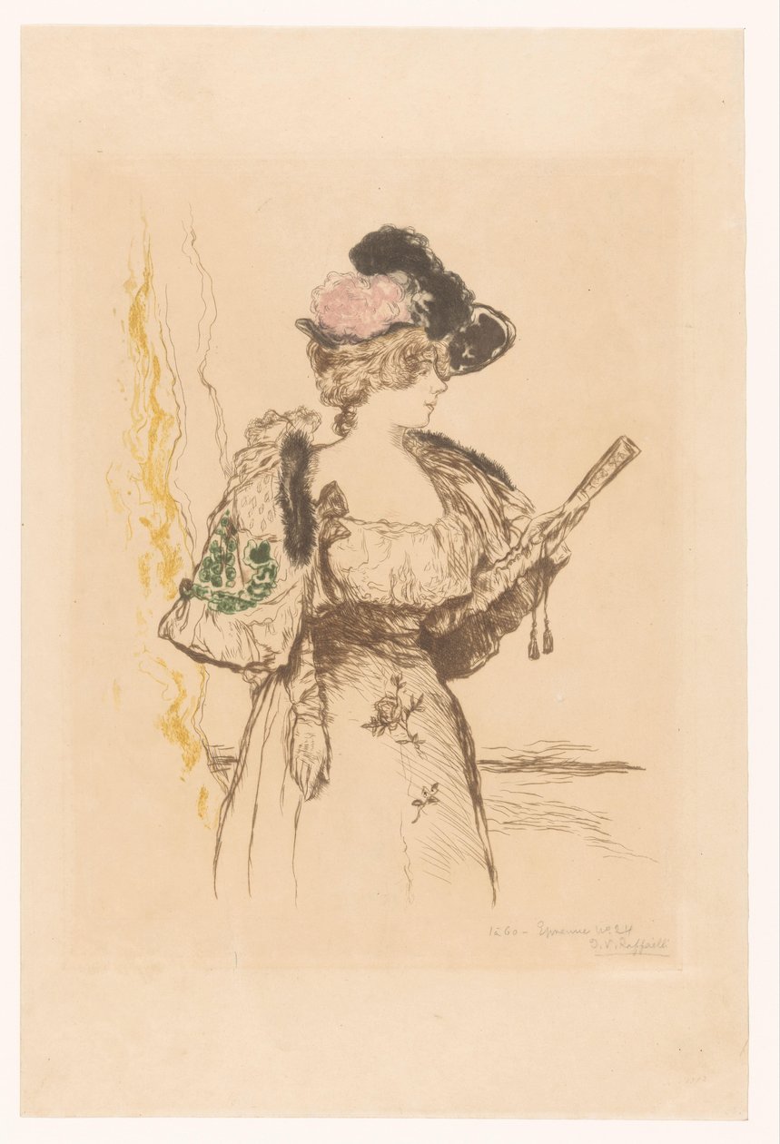 Hölgy legyezővel A színésznő és a jelenet alkotó: Jean François Raffaëlli (signed by artist)