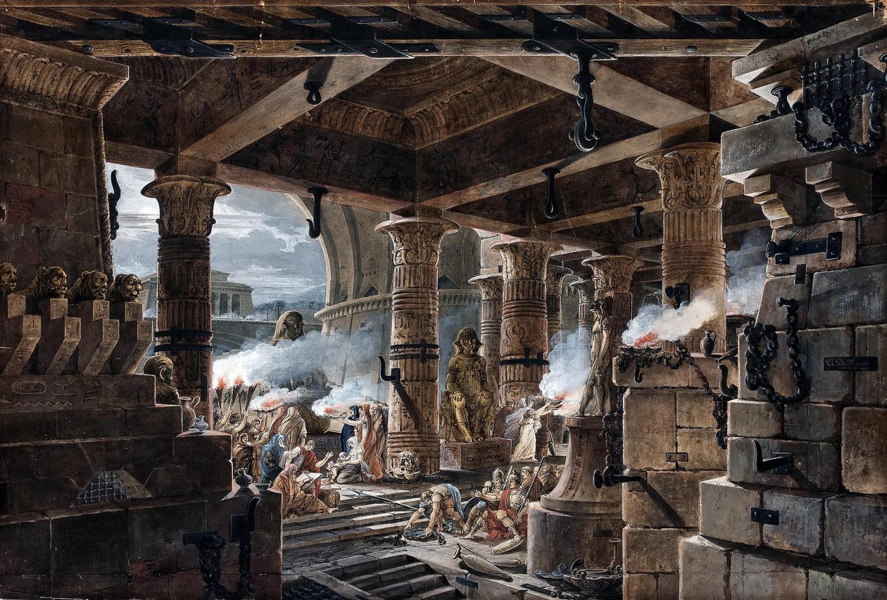 Építészeti fantázia - belső nézet egy egyiptomi templomról, 1803 alkotó: Jean François Thomas de Thomon