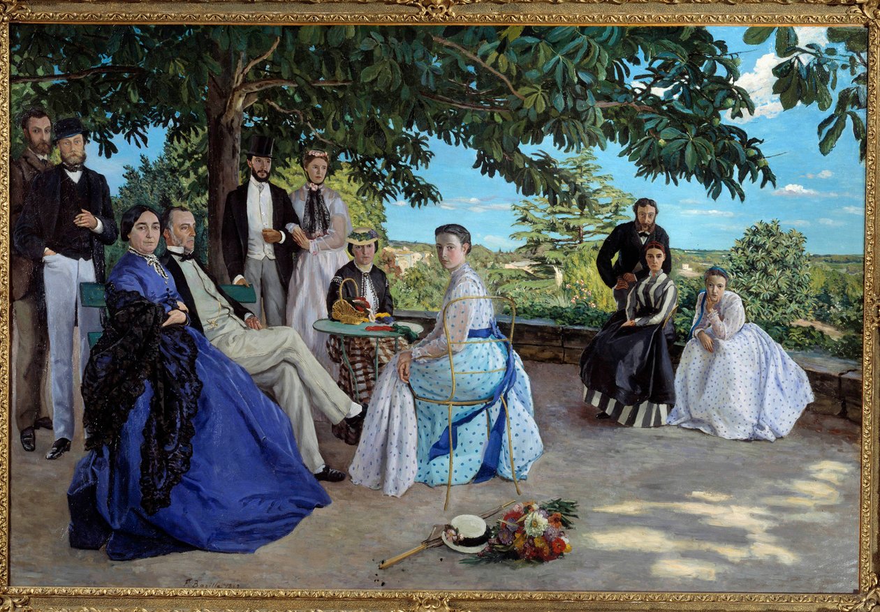 Családi találkozó: egy kertben összegyűlt francia burzsoázia család portréja. Balról jobbra: Jean Frederic Bazille, nagybátyja, Monsieur des Hours, anyja és apja, unokatestvére, Pauline és férje, Monsieur Teulon, nagynénje, Madame des Hours és alkotó: Jean Frederic Bazille