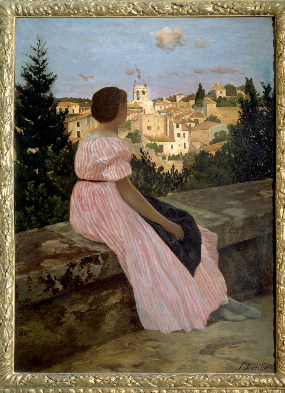 Rózsaszín ruha vagy kilátás Castelnau le Lezre (vagy Castelnau-le-Lezre, Heraultra). A művész unokahúgának, Therese des Hoursnak a portréja. Jean Frederic Bazille (1841-1870) festménye 1864 V. 1,4x1,1 m. Olajfestmény. Párizs, musee d