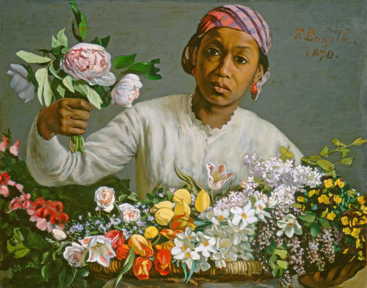 Fiatal nő bazsarózsával, 1870 alkotó: Jean Frederic Bazille