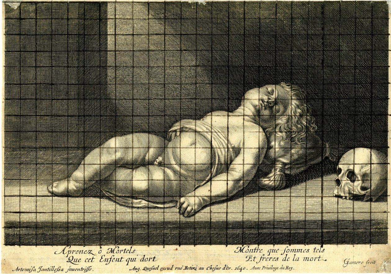 Jean Ganière - Alvó gyermek, a feje egy párnán nyugszik; jobbra koponya. 1640 alkotó: Jean Ganière