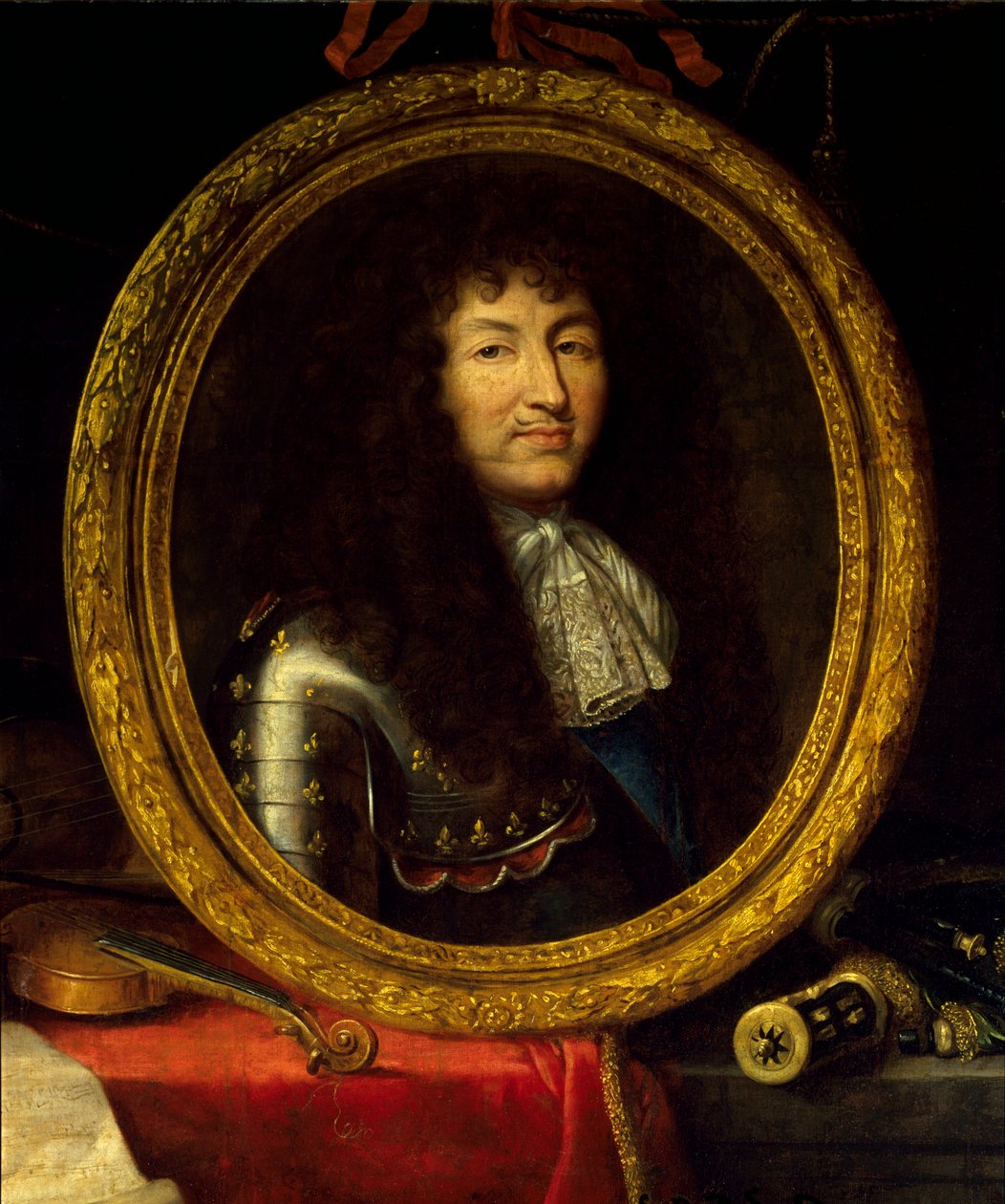 XIV. Lajos francia király (1638-1715), a művészetek és tudományok védelmezőjének portréja A király portréját hangszerek (viola de gamba, hegedűgitár) és tudományos hangszerek (négyzet, égi földgömb, iránytű) veszik körül. Részlet. Festés által alkotó: Jean Garnier