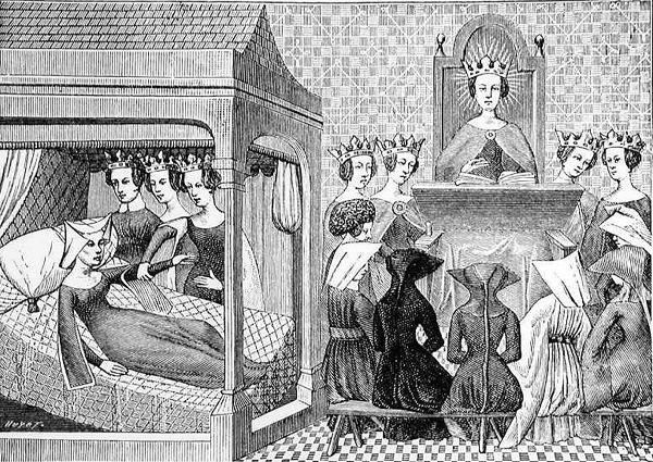 A három erény, az ész, az egyenesség és az igazságosság arra ösztönzi Christina de Pisant (kb. 1364-1410), hogy írjon egy Etikai könyvet a hölgyek tanítására, illusztrációt a Science and Literature in the Middl-ből. alkotó: Jean Georges after Huyot