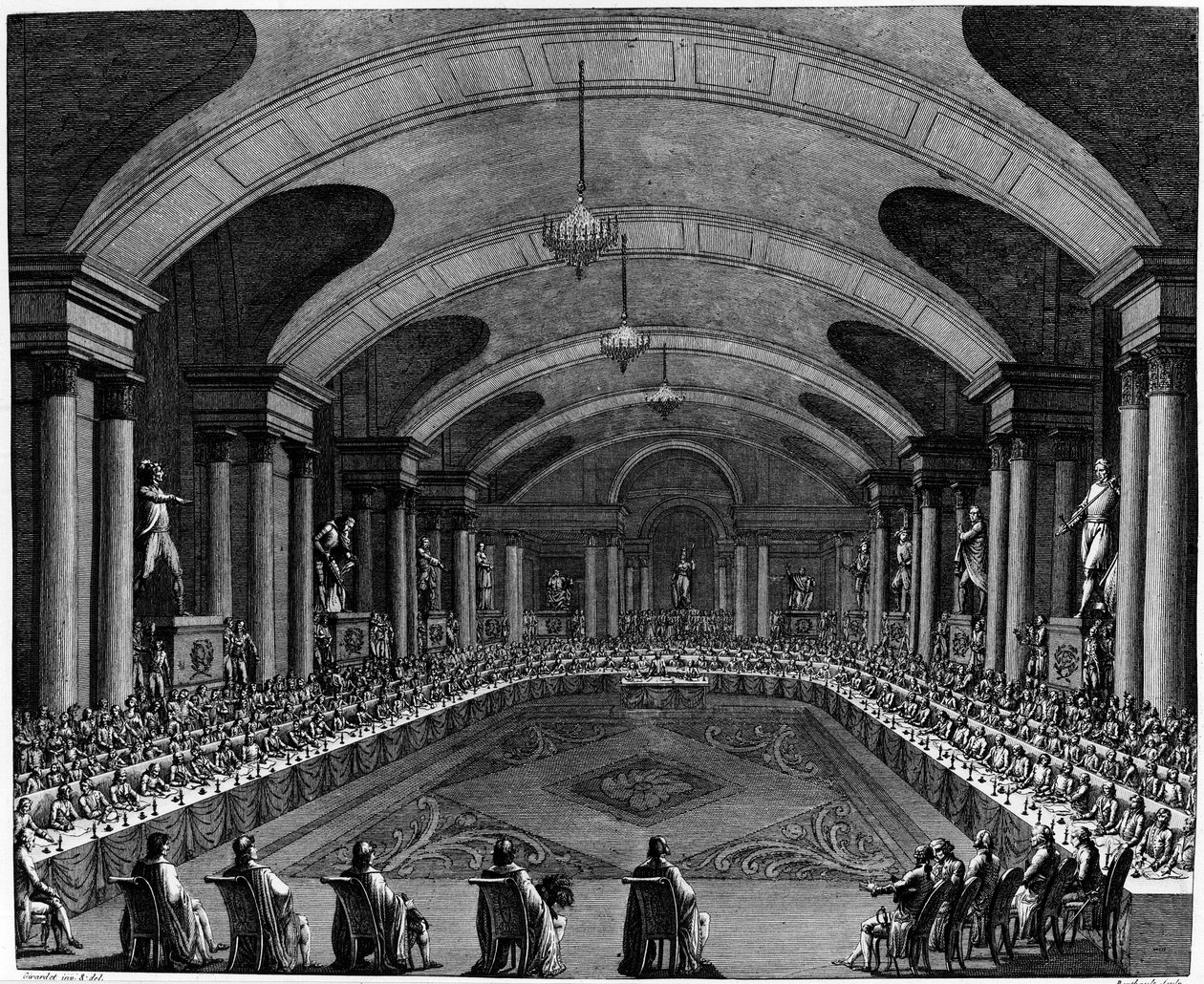 Francia forradalom: „” Az Intézet alakuló ülése 1795-ben”. Október 25-én alkotó: Jean Girardet