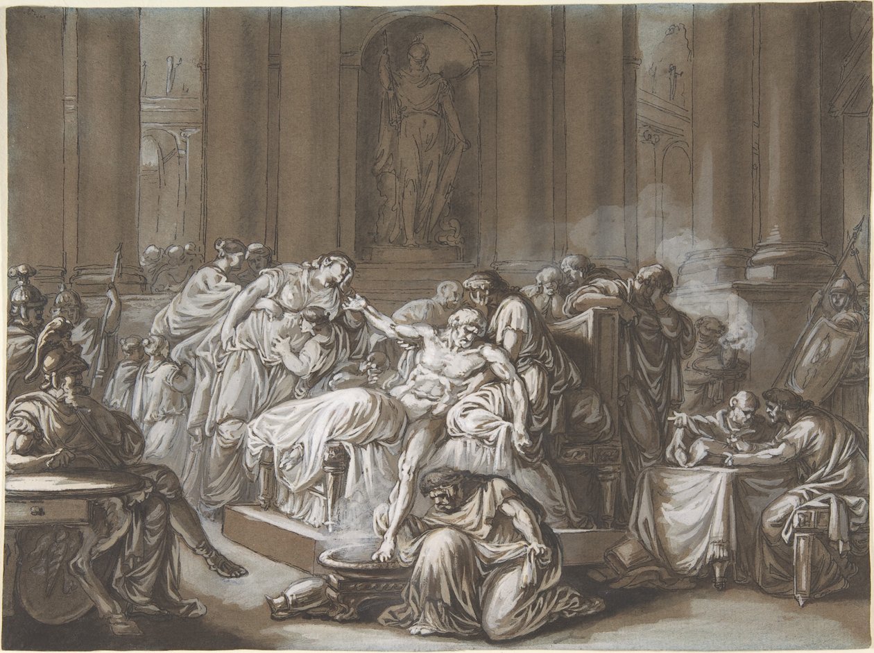 Seneca halála (toll és fekete tinta, ecset és barna mosás, fehér gouache-val kiemelve kék papíron) alkotó: Jean Guillaume Moitte