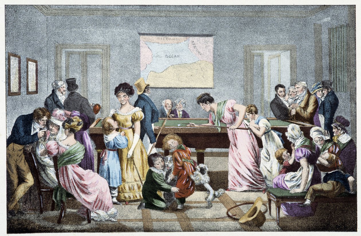 Biliárdterem a 19. században: Marlet litográfiája alapján. alkotó: Jean Henri (after) Marlet