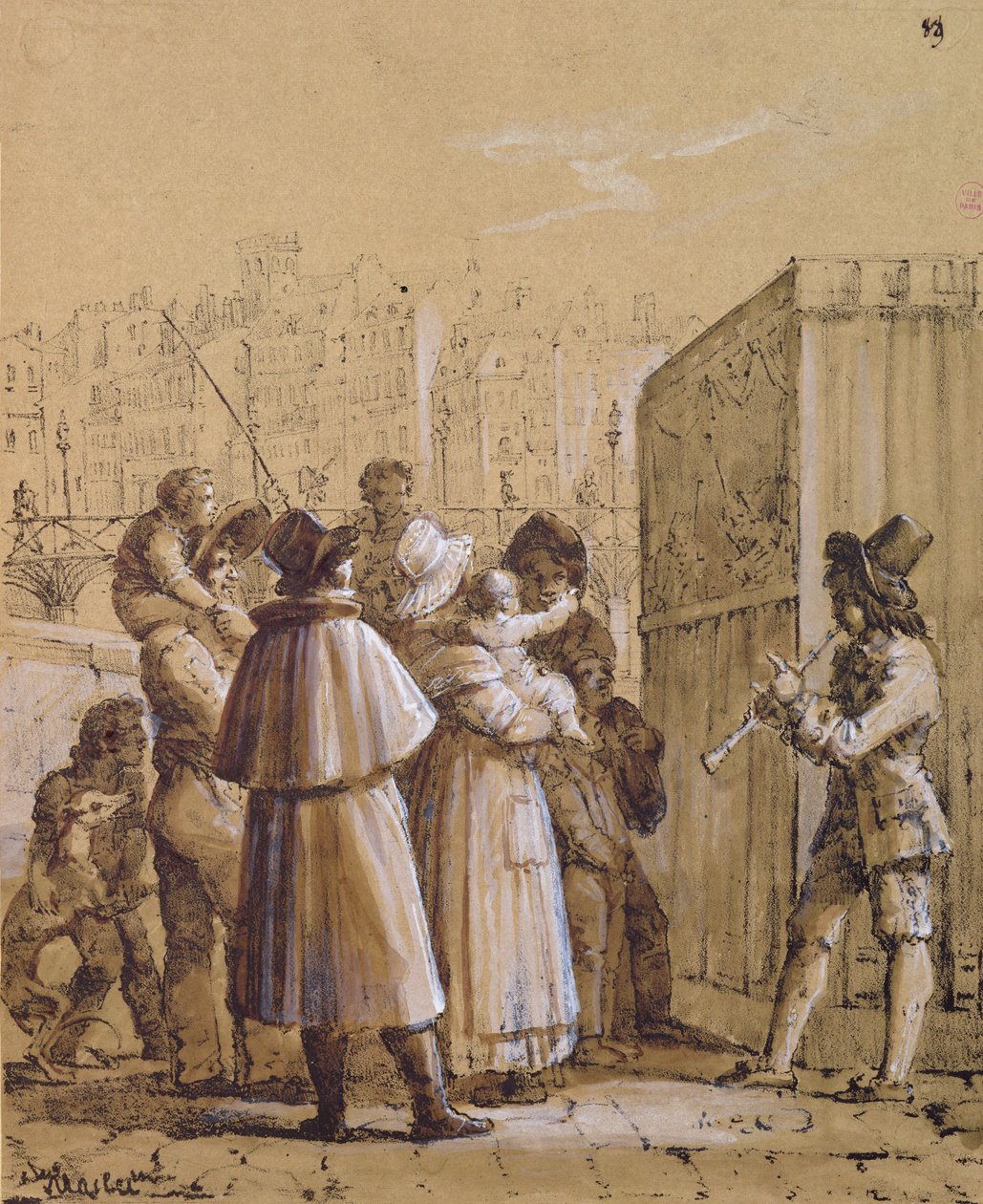 1 néző egy Pulcinella show-t néz a párizsi Pont des Arts közelében alkotó: Jean Henri Marlet