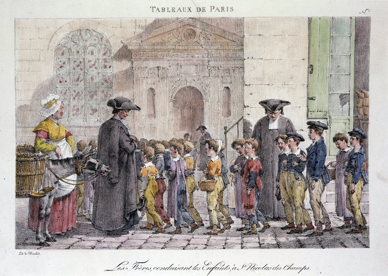 Egykori utcai kereskedelem Párizsban: a testvérek a gyerekeket Saint Nicolas des Champs-ba (Saint-Nicolas-des-Champs), Katolikus Iskola – Jean Henry Marlet (1771-1847) metszet a „Les Tableaux de Paris”-ban”, sorozat 72 lenyomatból, 19. század vége alkotó: Jean Henri Marlet