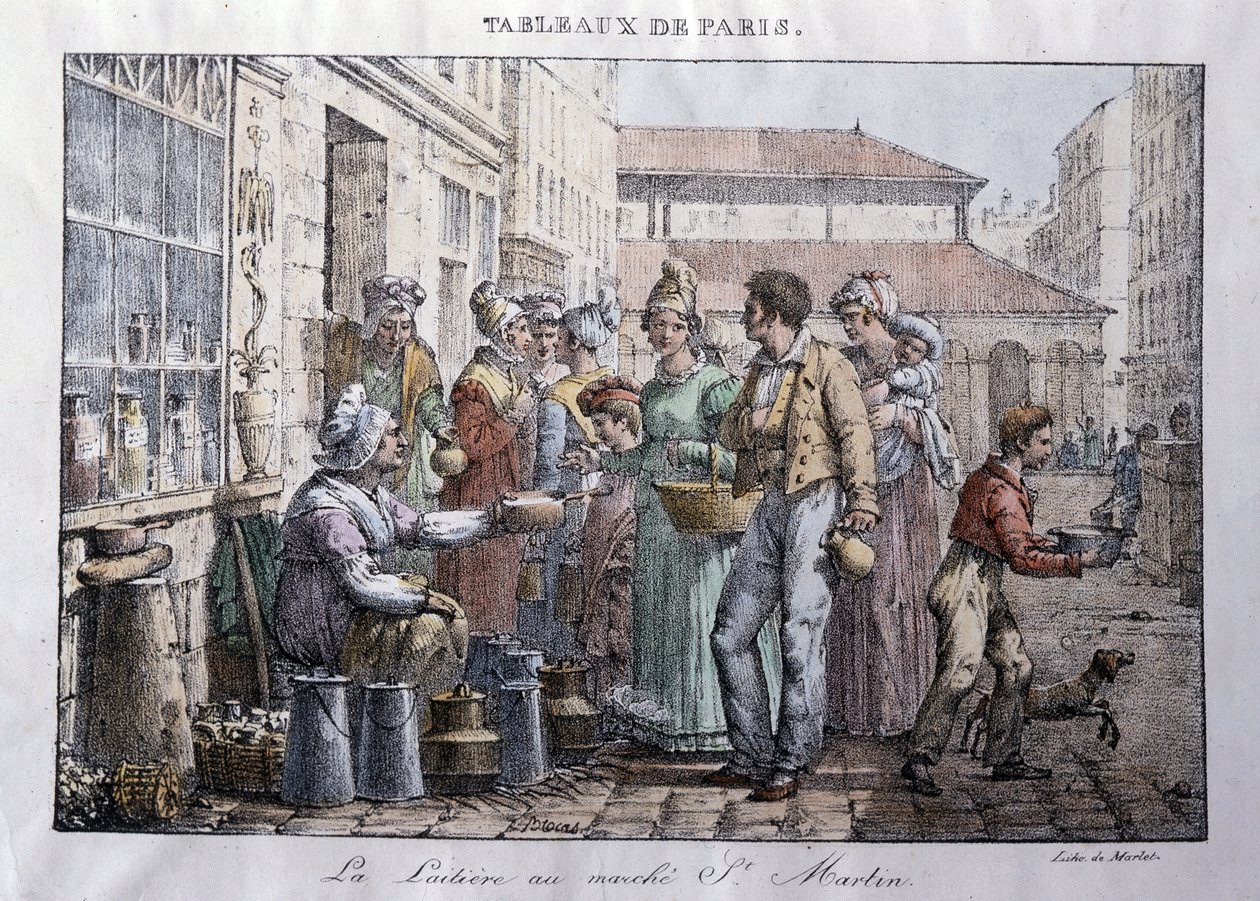 Régi kereskedelem Párizs utcáin: A Saint Martin piac tejeslánya (Saint-Martin) – Jean Henry Marlet (1771-1847) metszet a „Les Tableaux de Paris”-ban”, 72 nyomtatványból álló sorozat, 19. vége század alkotó: Jean Henri Marlet