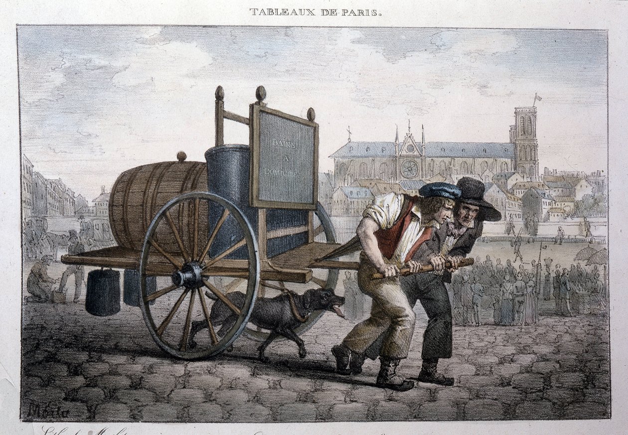 Egykori utcai metró Párizsban: fürdő otthon (két férfi húzza a szekeret vízzel töltött hordóval). Jean Henry Marlet (1771-1847) metszete a „Les Tableaux de Paris”-ban, 72 nyomtatványból álló sorozat, 19. század vége. alkotó: Jean Henri Marlet