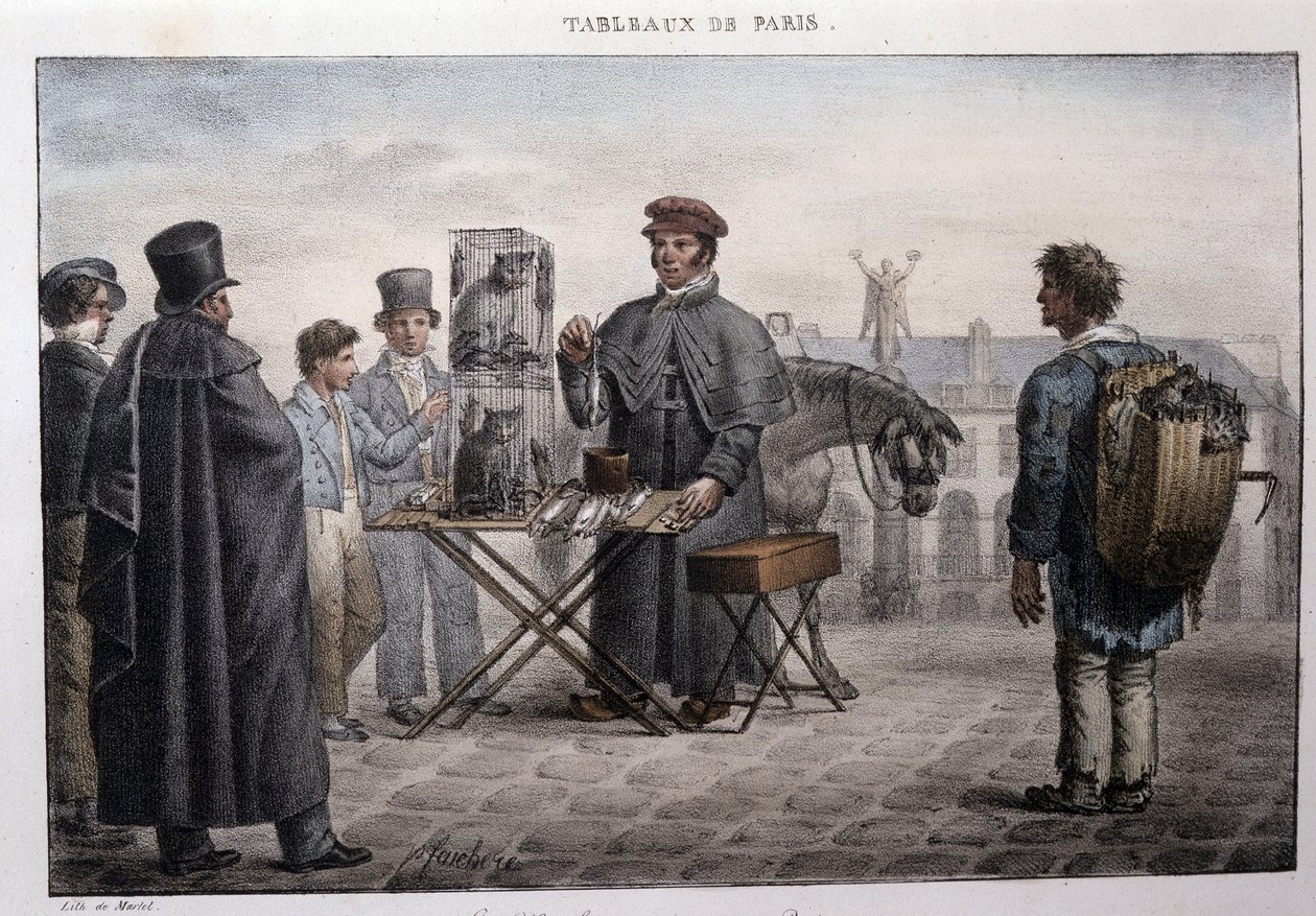 Egykori párizsi utcai metró: a patkányhalál kereskedő (camelot). Jean Henry Marlet (1771-1847) metszete a „Les Tableaux de Paris”-ban, 72 nyomtatványból álló sorozat, 19. század vége. alkotó: Jean Henri Marlet