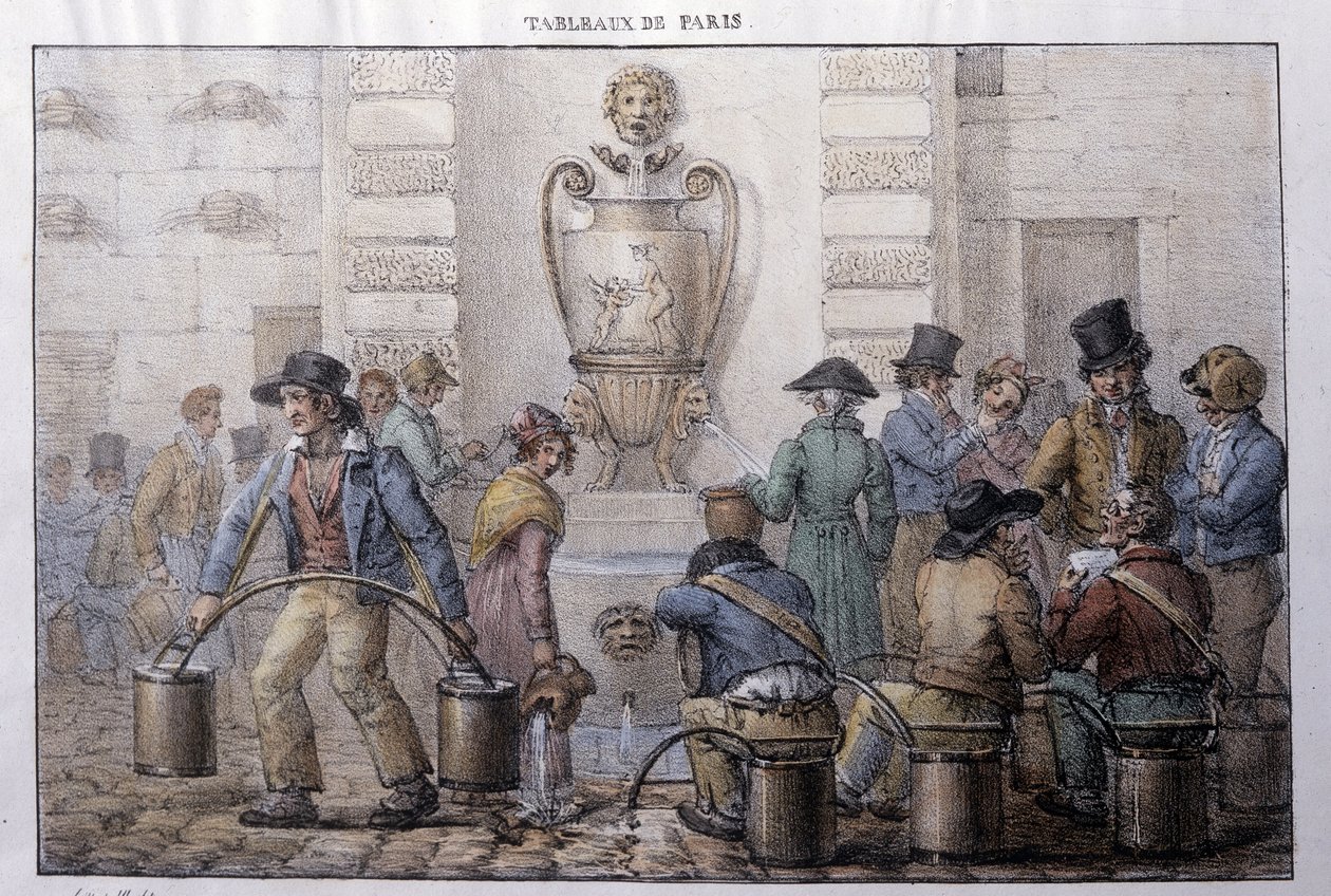 Egykori utcai metró Párizsban: vízszállító egy szökőkút előtt. Jean Henry Marlet (1771-1847) metszete a „Les Tableaux de Paris”-ban, 72 nyomtatványból álló sorozat, 19. század vége. alkotó: Jean Henri Marlet