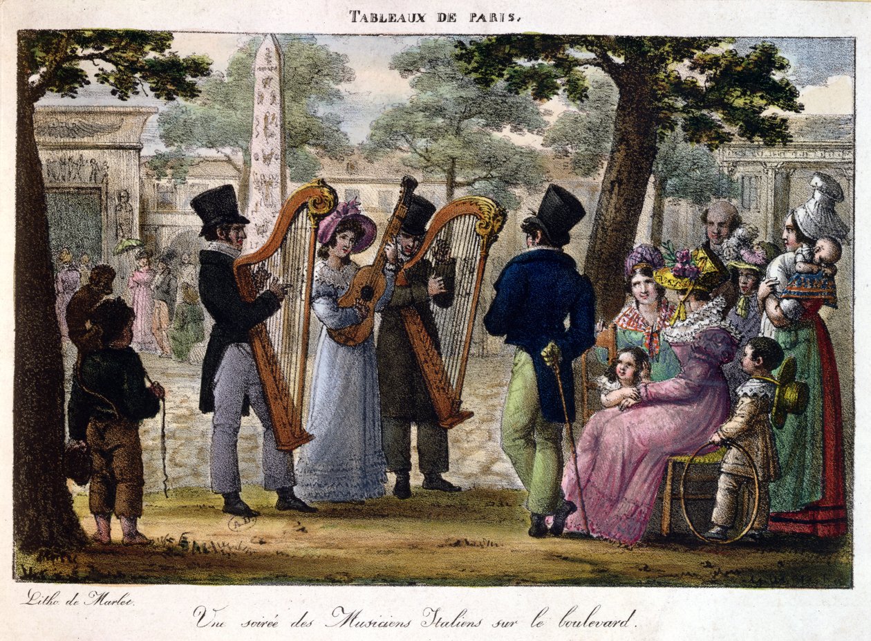 Olasz zenészek fellépnek egy párizsi körúton, a "Tableaux de Paris"-ból, 1820 körül alkotó: Jean Henri Marlet