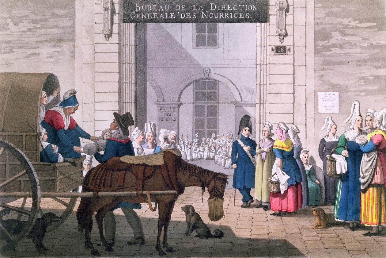 Le Bureau des Nourrices Párizsban, 1820 körül (színes metszet) alkotó: Jean Henri Marlet