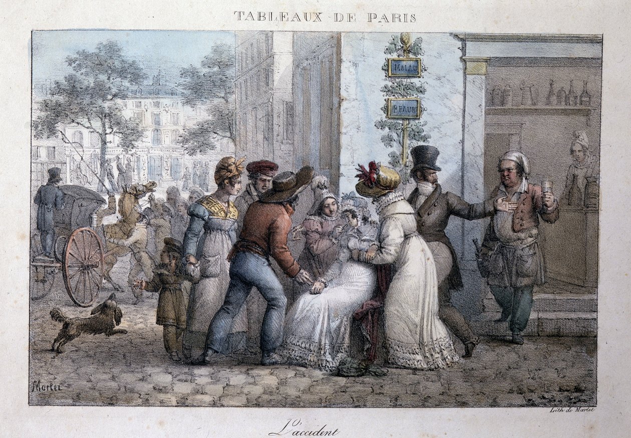 Régi utcakép Párizsban: a baleset (nőt a járókelők támogatnak). Jean Henry Marlet (1771-1847) metszete a „Les Tableaux de Paris”-ban, 72 nyomtatványból álló sorozat, 19. század vége. alkotó: Jean Henri Marlet