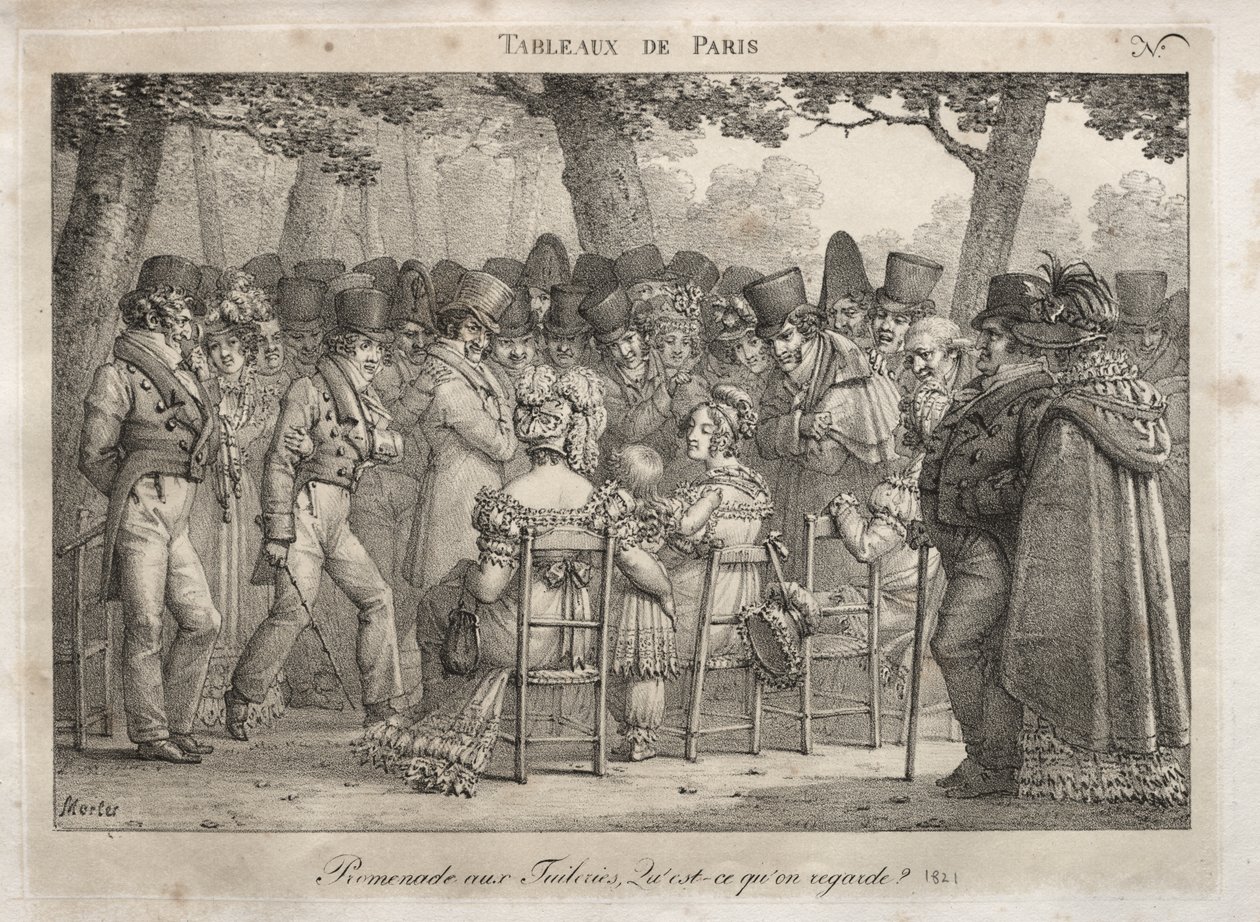 Párizsi jelenetek: Promenade a Tuileriákban. Mit nézel? alkotó: Jean Henri Marlet