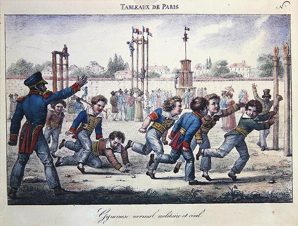 Sport és torna edzés fiúknak, jelenet a Tableaux de Paris sorozatból, 1820 körül (színes litó) alkotó: Jean Henri Marlet