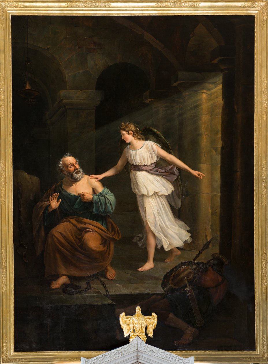 Plébániatemplom (Nederbrakel, Sint-Pieter-in-de-Banden plébániatemplom). Belső. festmény. „Szent Pétert az angyal és Tamás szabadította meg”. Jean-Henri DeCoene. 1835 körül. alkotó: Jean Henri de Coene