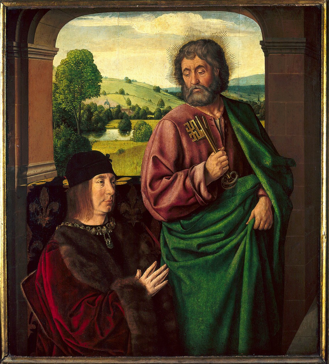Pierre II de Beaujeu, Bourbon hercegének (1439-1505) portréja, Saint Pierre bemutatása Maitre de Moulins vagy Jean Hey (1450-1505) festménye. Nap 0,73 X 0,65 m alkotó: Jean Hey