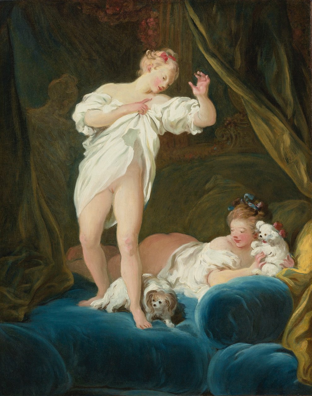 Két lány egy ágyon játszik a kutyáikkal alkotó: Jean Honore Fragonard