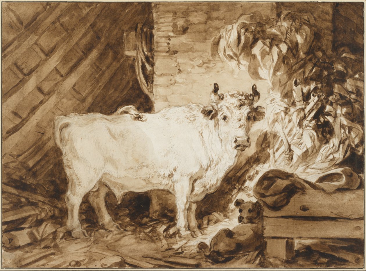 Fehér bika és kutya az istállóban alkotó: Jean Honore Fragonard