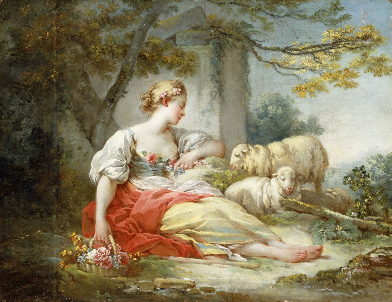 Egy pásztorlány bárányokkal és virágkosárral ülve egy rom közelében, erdős tájon, alkotó: Jean Honore Fragonard