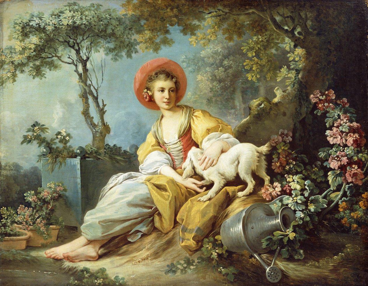 Fiatal nő ül egy kutyával és egy öntözőkannával a kertben, alkotó: Jean Honore Fragonard