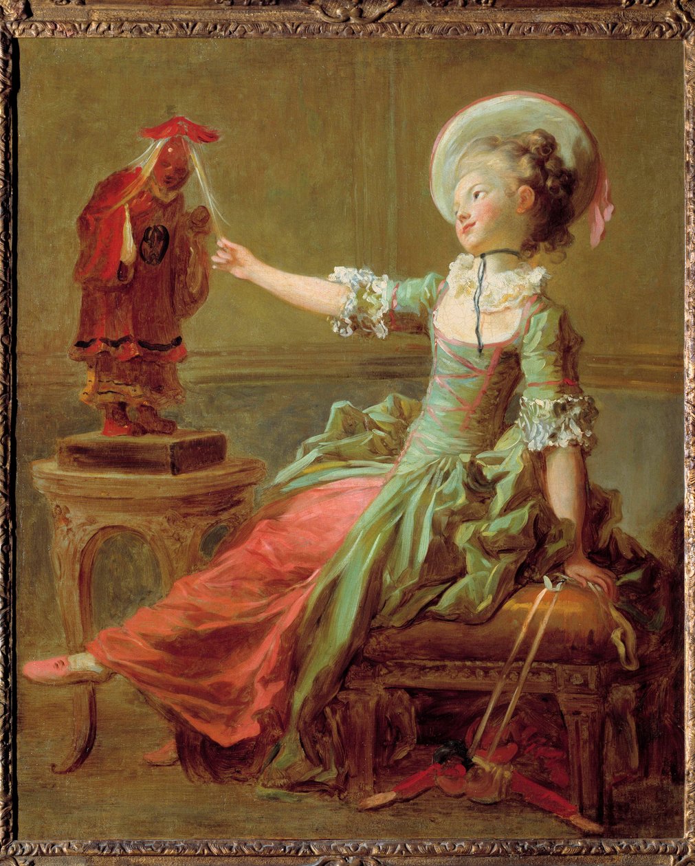 Egy fiatal lány a haját húzó kínai szoborral szórakozik. Jean Honore Fragonard (1732-1806) festménye 18. századi magángyűjtemény alkotó: Jean Honore Fragonard